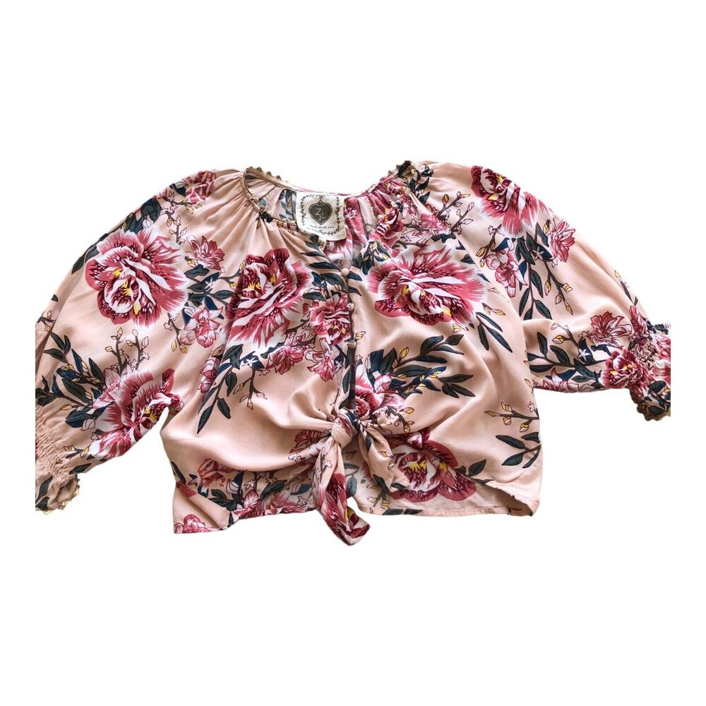 Z&L Made With Love Short Sleeve Floral V Neck Front Tie Cropped Top Sz M - Picture 12 of 15